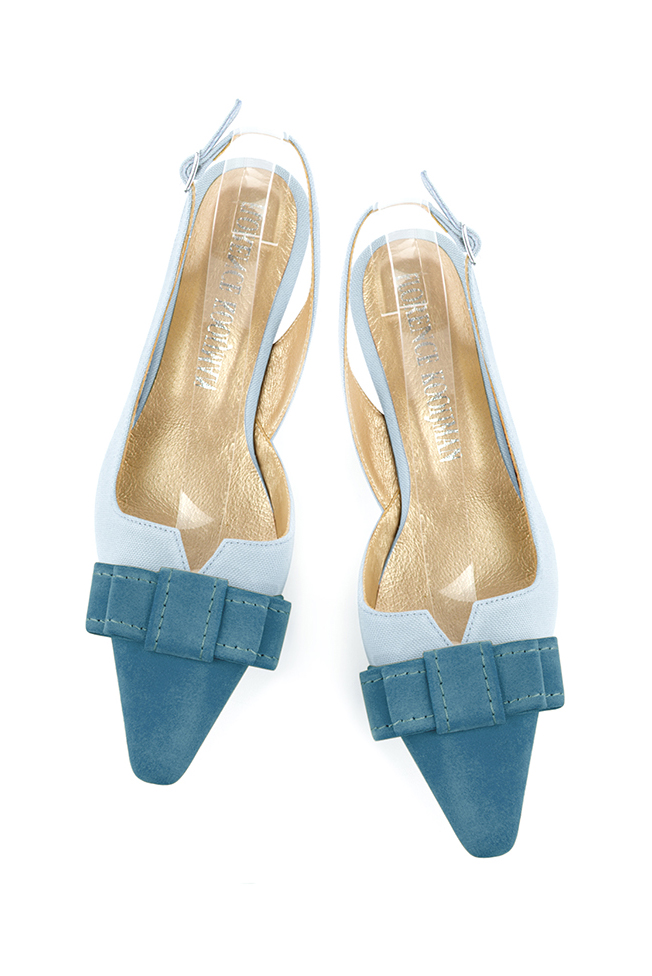 Peacock blue women's open back shoes, with a knot. Tapered toe. Low kitten heels. Top view - Florence KOOIJMAN